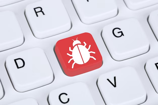 Virus button on computer keyboard, close-up