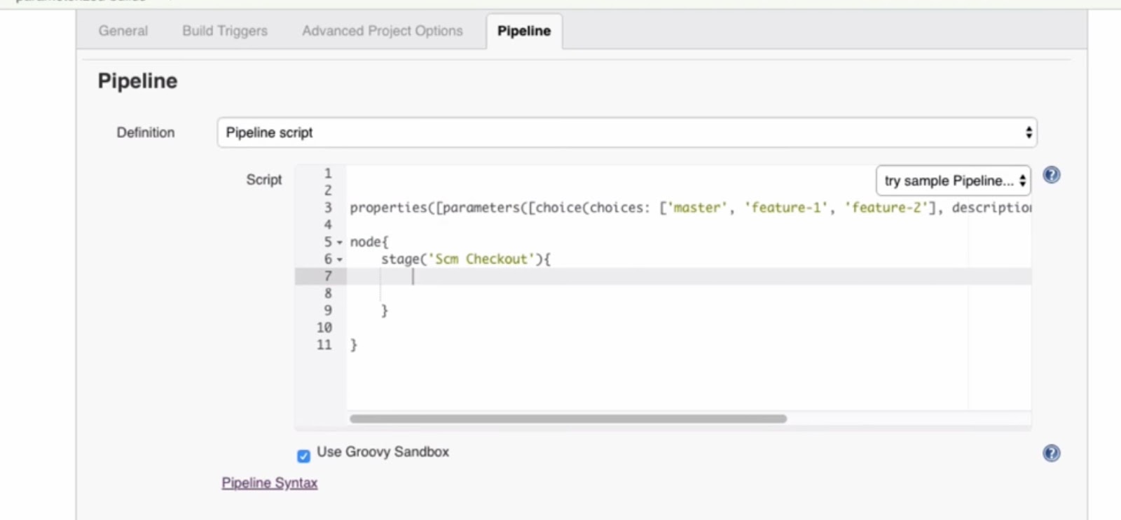 A section of a Jenkins pipeline script in a configuration window