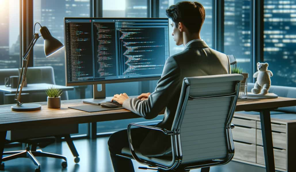 Programmer working at a desk in office, focused on a computer screen displaying programming code