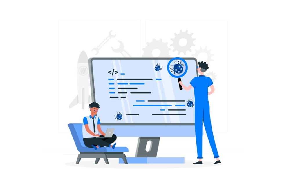 Illustration of two people analyzing code on a large monitor with icons
